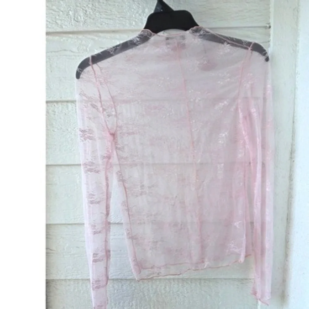 NWT Pink Sheer Floral Lace Top • Coquette Fairycore Mock Neck Long Sleeve Size L - Picture 3 of 7